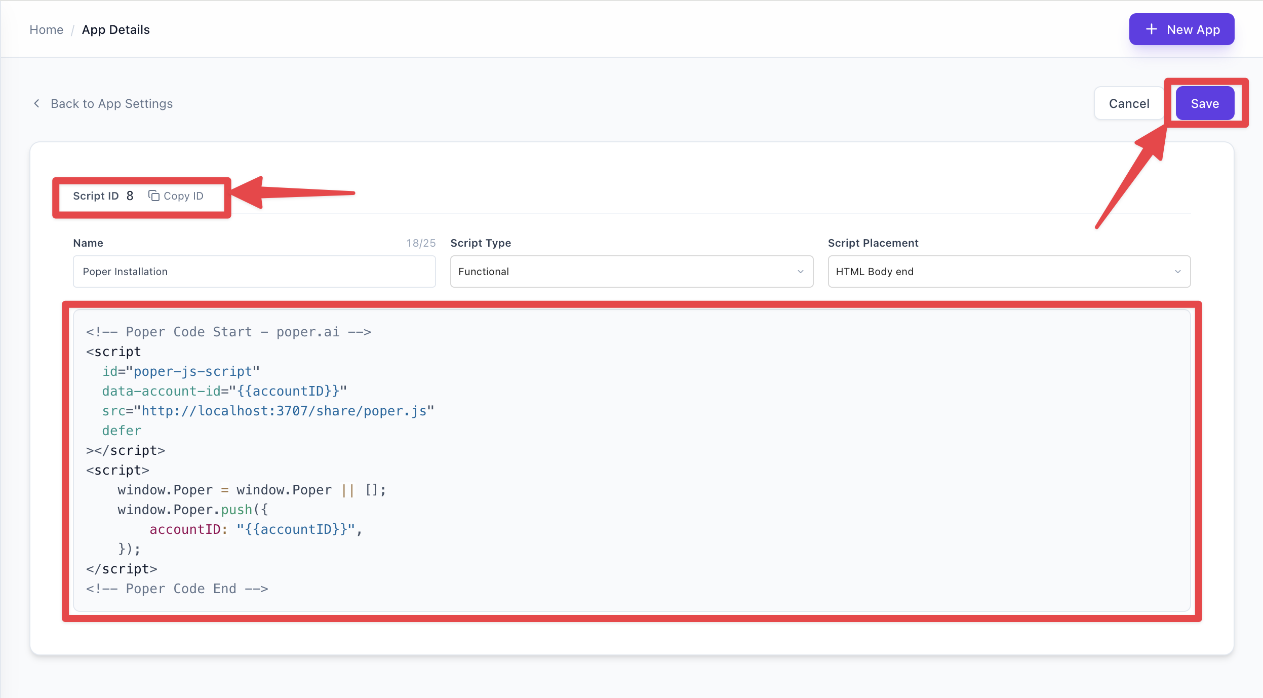 After saving: script ID and stored code
