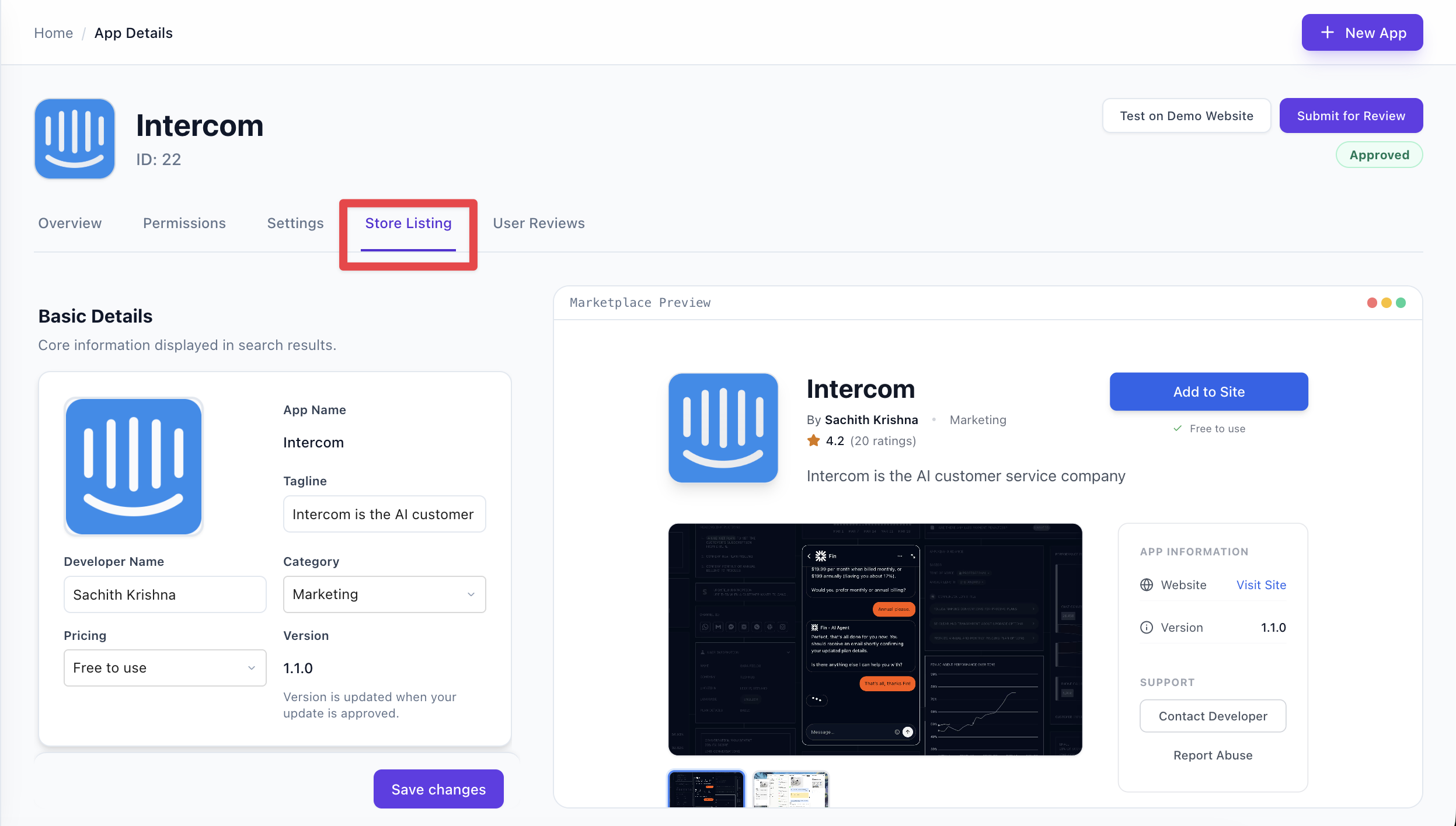 Store Listing main page: form sections and layout